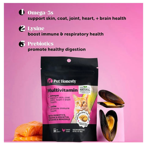 Pet Honesty Cat Multivitamin Crunchy & Creamy Chews - Cat Treats for Health + Immune, Joint Support, Skin & Coat, & Digestion - Vitamins with Omega 3s, Lysine & Probiotics (30 Day Supply)