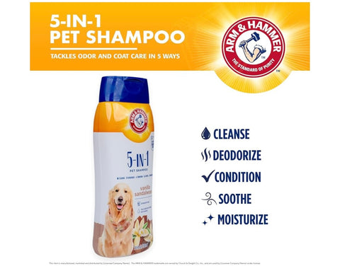 Arm & Hammer for Pets 5-in-1 Pet Shampoo with Conditioner, Vanilla Sandalwood Scent - Deodorizing, Skin Soothing, and Moisturizing Ingredients, Dog Oatmeal Shampoo with Aloe and Shea Butter, 20 Fl Oz