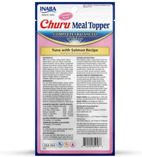 INABA Churu Meal Topper for Cats, Complete & Balanced, Creamy, Lickable Purée Cat Food Topper, 0.5 Ounce Tube, 4 Tubes (4 per Pack), Tuna with Salmon Recipe