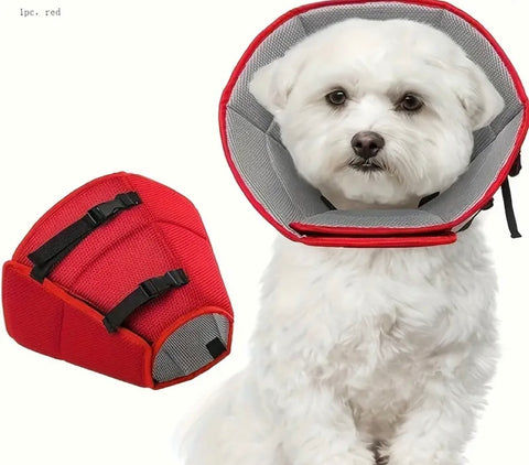 Adjustable Recovery Dog Cone Collar, Breathable Elizabethan Pet Collar for Post-Operative Care, Solid Color Polyester Woven Fabric E-Collar with Buckle Closure, Machine Washable, for All Seasons & All Dog Breeds red color