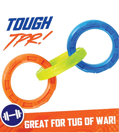 Nerf Dog Rubber 3-Ring Tug Dog Toy, Lightweight, Durable and Water Resistant, 10.5 Inches, for Medium/Large Breeds, Single Unit, Blue/Green/Orange