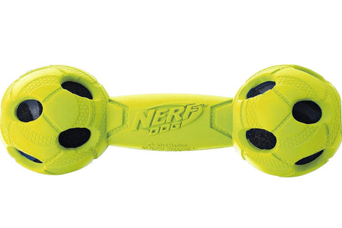 Nerf Dog 7in Squeak Bash Rubber Wrapped Tennis Barbell: Green, Dog Toy