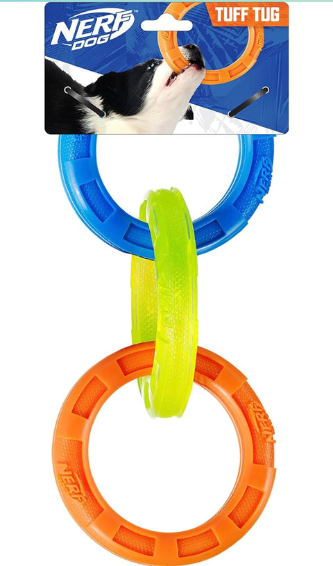 Nerf Dog Rubber 3-Ring Tug Dog Toy, Lightweight, Durable and Water Resistant, 10.5 Inches, for Medium/Large Breeds, Single Unit, Blue/Green/Orange