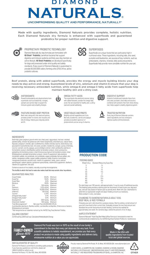Diamond Naturals Dry Food for Adult Dog, Beef and Rice Formula, 40 Pound Bag