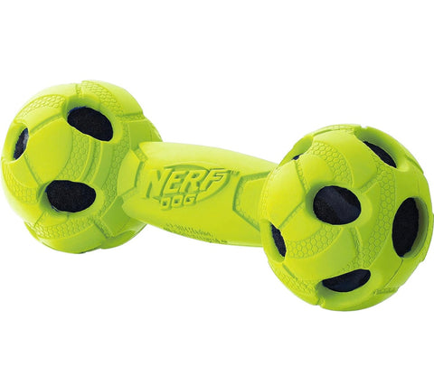 Nerf Dog 7in Squeak Bash Rubber Wrapped Tennis Barbell: Green, Dog Toy