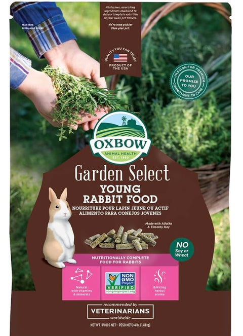 Oxbow Animal Health Garden Select Young Rabbit Food, Garden-Inspired Recipe for Young Rabbits, No Soy or Wheat, Non-GMO, Made in The USA, 4 Pound Bag