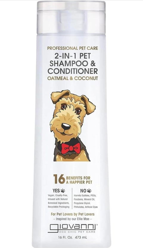 GIOVANNI Professional 2-in-1 Pet Shampoo & Conditioner - for Dogs & Cats, Oatmeal & Coconut, Helps Neutralize Odors, Deeply Cleanses, Silkens, Controls Static - 16 oz