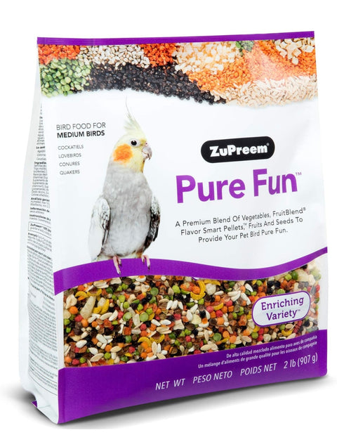 ZuPreem Pure Fun Bird Food for Medium Birds, 2 lb - Variety Blend of Vegetables, FruitBlend Pellets, Fruit, Seeds for Lovebirds, Quakers, Small Conures, Cockatiels