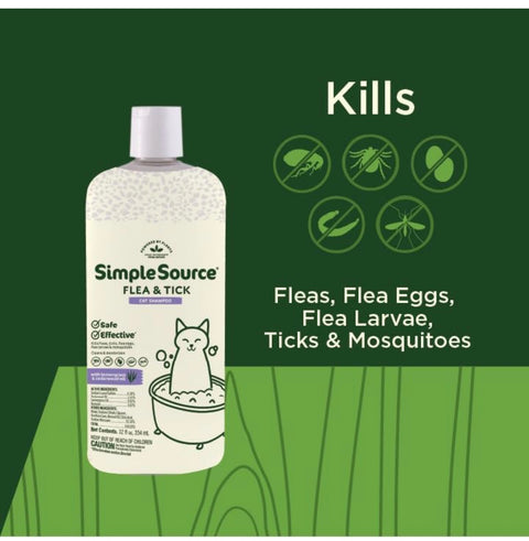 SimpleSource® Flea & Tick Shampoo for Cats, Powered by Plants, Kills Fleas, Flea Eggs, Flea Larvae, Ticks, & Mosquitos, Cleans & Deodorizes, 12oz Bottle