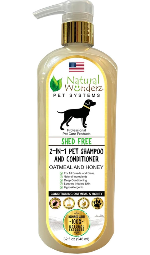 Pet Shampoo & Conditioner, Shed Free 2-in-1, Oatmeal and Honey, Hypoallergenic, Vegan, Natural Extract, for Healthy Skin & Coat, 32 Fl Oz, for Dry Itchy Skin, All Breeds, by Natural Wunderz