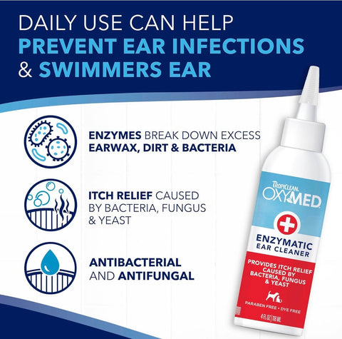 TropiClean OxyMed Enzymatic Dog Ear Cleaner, Treatment for Dogs, Vet Recommended Ear Cleaning Solution, Daily Wash Drops, Safe for Cats, USA Made, 4oz