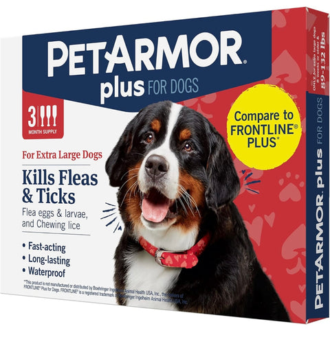 PetArmor Plus Flea and Tick Prevention for Dogs, Dog Flea and Tick Treatment, 3 Doses, Waterproof Topical, Fast Acting, X-Large Dogs (89-132 lbs)