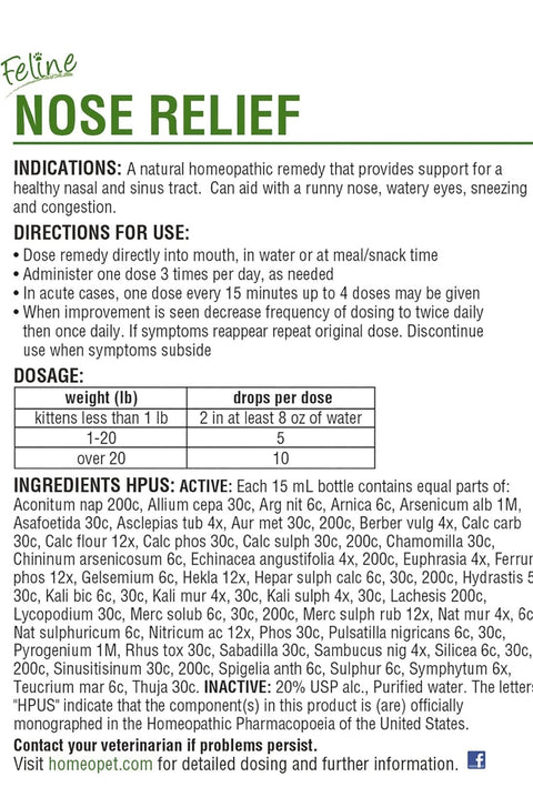 HomeoPet Feline Nose Relief, Natural Nasal and Sinus Medicine for Cats, Pet Medicine, 15 Milliliters