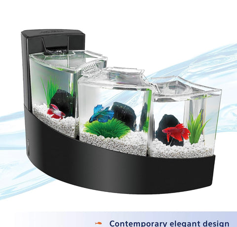 Aqueon Betta Falls 3 Section Aquarium Fish Tank With QuietFlow Power Filtration, Black