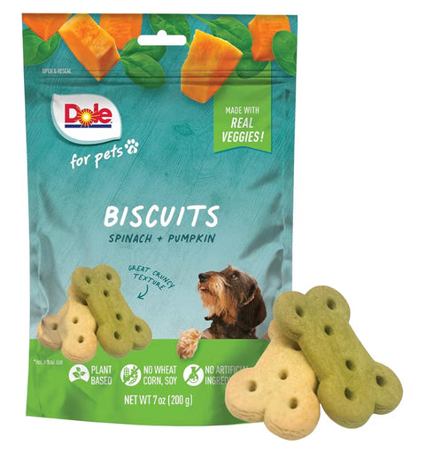 Dole for Pets Freshly Fetched Dog Biscuits, Spinach & Pumpkin Flavor Dog Treats, 7oz | Flavored with Real Veggies, No Wheat, Corn, Soy, Artificial Flavors, Colors, Preservatives, or Animal Products