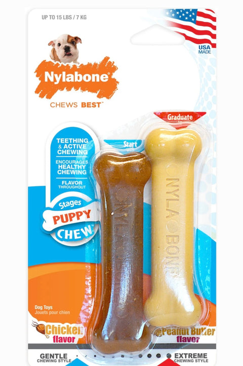 Nylabone Classic Puppy Chew Flavored Durable Chicken & Peanut Butter Brown Dog Chew Toy, X-Small, 2 count