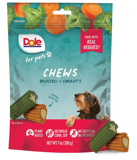 Dole for Pets Freshly Fetched Dog Chews, Assorted Broccoli & Carrot Flavor Treats - Flavored with Real Veggies, No Wheat, Corn, Soy, Artificial Flavors, Colors, or Preservatives, 7 Oz