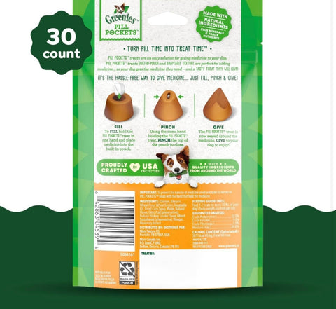 Greenies Pill Pockets for Dogs Tablet Size Natural Soft Dog Treats, Chicken Flavor, 3.2 oz. Pack (30 Treats)