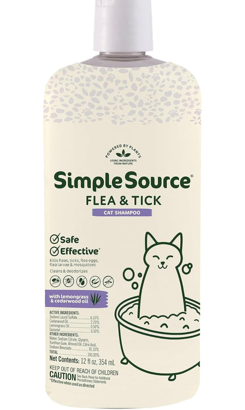 SimpleSource® Flea & Tick Shampoo for Cats, Powered by Plants, Kills Fleas, Flea Eggs, Flea Larvae, Ticks, & Mosquitos, Cleans & Deodorizes, 12oz Bottle