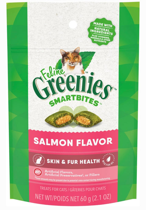 Greenies Feline SmartBites Healthy Skin & Fur Natural Salmon Flavor Soft & Crunchy Adult Cat Treats, 2.1-oz bag