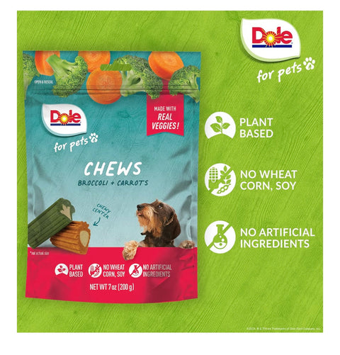 Dole for Pets Freshly Fetched Dog Chews, Assorted Broccoli & Carrot Flavor Treats - Flavored with Real Veggies, No Wheat, Corn, Soy, Artificial Flavors, Colors, or Preservatives, 7 Oz