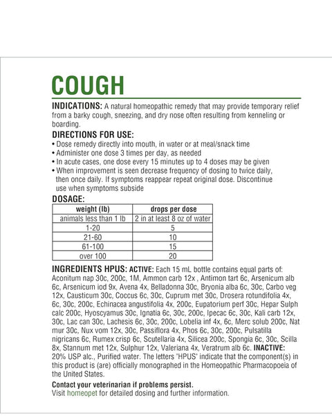 HomeoPet Cough, Gentle Natural Cough Medicine for Dogs, Cats, and Small Pets, Cat and Dog Cough Medicine, 15 Milliliters