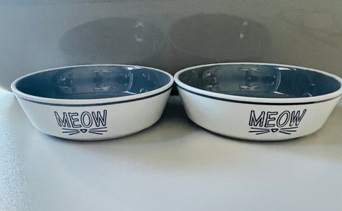 cat bowl set  microwave safe 5-2 inches gray and white