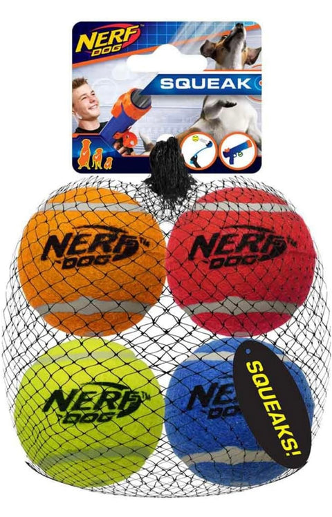 rf Dog 4-Pack - Squeak Tennis Ball - Blue, Green, Orange and Red 2 inches