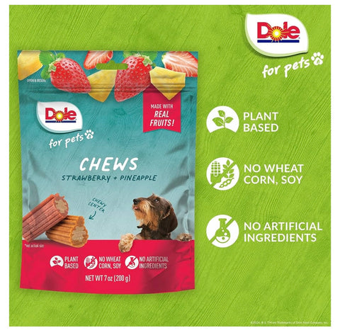Dole Freshly Fetched Dog Chews, Strawberry & Pineapple Flavored Dog Treats, 7oz, No Wheat, Corn, Soy, Artificial Flavors, Colors, or Preservatives