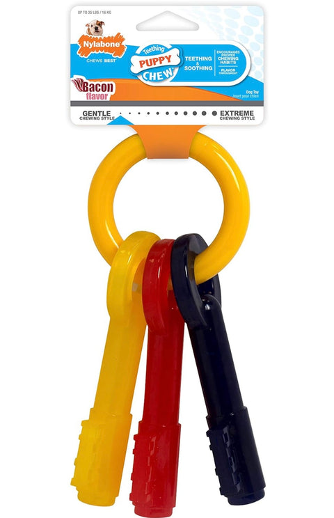 Nylabone Puppy Chew Key Ring Toy, Toys for Teething Puppies, Multi Color, Bacon Flavor, Medium - Up to 35 lbs,
