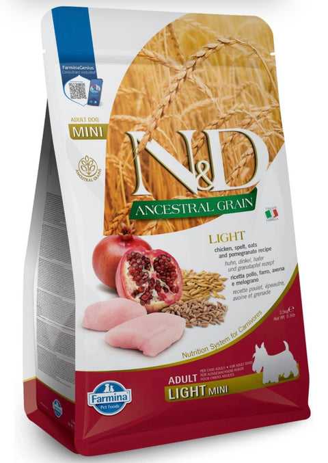 Farmina N&D Ancestral Grain Chicken & Pomegranate Mini Light Dry Dog Food, 5.5-lb bag