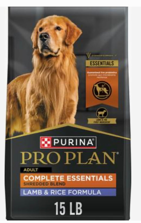 Purina Pro Plan Complete Essentials Adult Shredded Blend Lamb & Rice High Protein Formula with Probiotics Dry Dog Food, 15-lb bag