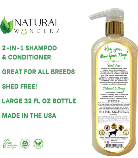 Pet Shampoo & Conditioner, Shed Free 2-in-1, Oatmeal and Honey, Hypoallergenic, Vegan, Natural Extract, for Healthy Skin & Coat, 32 Fl Oz, for Dry Itchy Skin, All Breeds, by Natural Wunderz