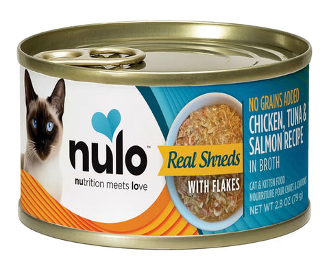 Nulo Grain-Free Real Shreds with Flakes Wet Canned Cat & Kitten Food, Chicken, Tuna, and Salmon in Broth, 2.8