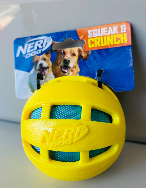 Nerf Dog Crunch and Squeak Rubber Ball Dog Toy, Single, Medium/Large, yellow