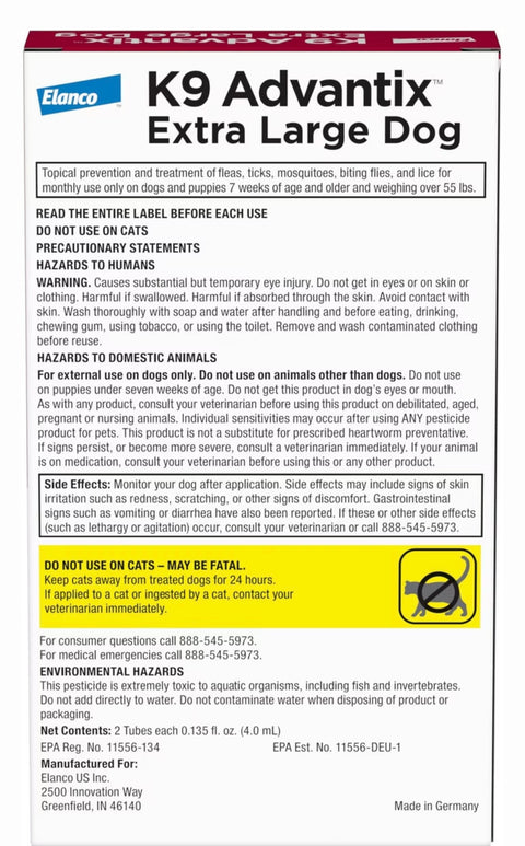 K9 Advantix Flea, Tick & Mosquito Prevention for X-Large Dogs, Over 55 lbs+, 2-Monthly Treatments