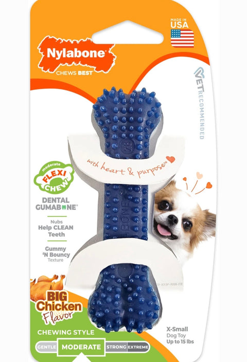 Nylabone Moderate Chew FlexiChew Dental Chew Toy, Textured Bone, Chicken, X-Small