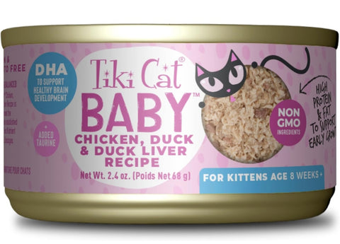 Tiki Cat Baby, Chicken Duck & Duck Liver Mousse & Shreds, High-Protein and Flavorful, Wet Cat Food for Kittens 4 Weeks Plus, 2.4 oz.