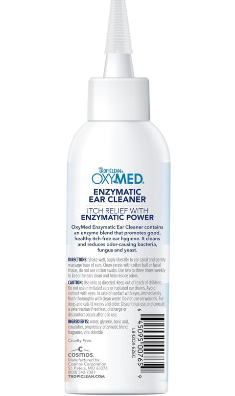 TropiClean OxyMed Enzymatic Dog Ear Cleaner, Treatment for Dogs, Vet Recommended Ear Cleaning Solution, Daily Wash Drops, Safe for Cats, USA Made, 4oz