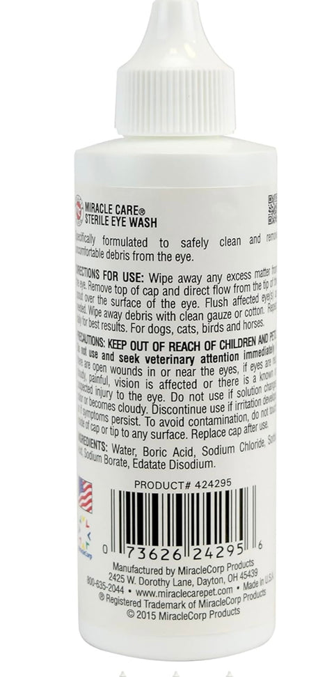 Miracle Care Sterile Eye Wash - 4 oz; Cat and Dog Eye Drops Formulated to Remove Eye Debris, Soothing Eye Wash Solution for Dogs and Cats