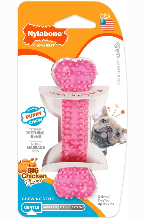 Nylabone Puppy Teething & Soothing Flexible Chicken Flavor Chew Dog Toy Pink, X-Small see