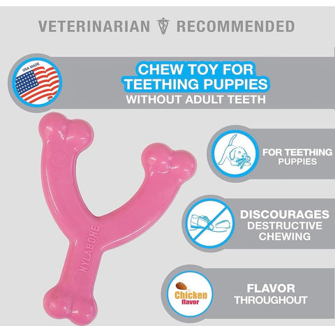 Nylabone Wishbone Puppy Chew Toy, Toys for Teething Puppies, Pink, Chicken Flavor, X-Small - Up to 15 lbs, 1 Count