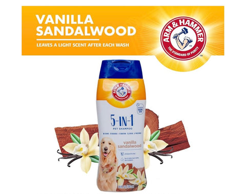 Arm & Hammer for Pets 5-in-1 Pet Shampoo with Conditioner, Vanilla Sandalwood Scent - Deodorizing, Skin Soothing, and Moisturizing Ingredients, Dog Oatmeal Shampoo with Aloe and Shea Butter, 20 Fl Oz