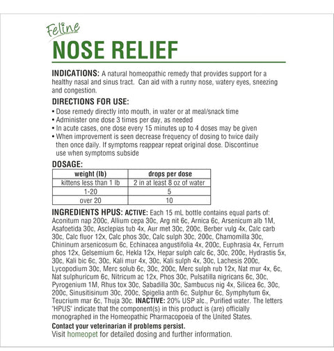 HomeoPet Feline Nose Relief, Natural Nasal and Sinus Medicine for Cats, Pet Medicine, 15 Milliliters