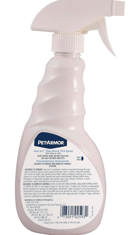 PetArmor Fastact Plus Flea and Tick Spray for Dogs and Cats 16 oz