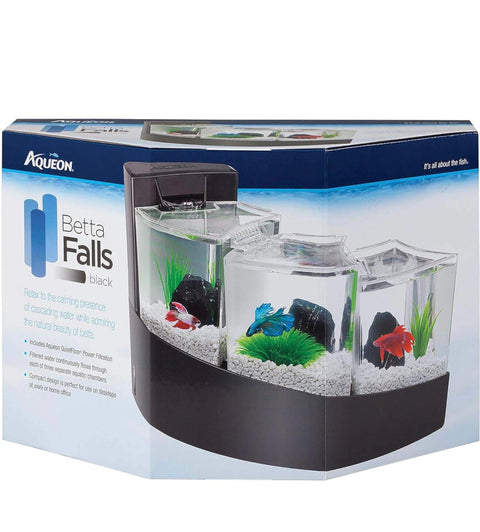 Aqueon Betta Falls 3 Section Aquarium Fish Tank With QuietFlow Power Filtration, Black