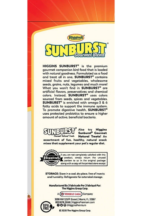 Higgins Sunburst Gourmet Blend Parrot Bird Food 3 lbs