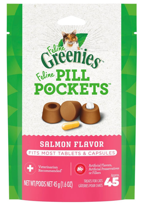 Greenies Pill Pockets Feline Natural Salmon Flavor Soft Adult Cat Treats 45 count