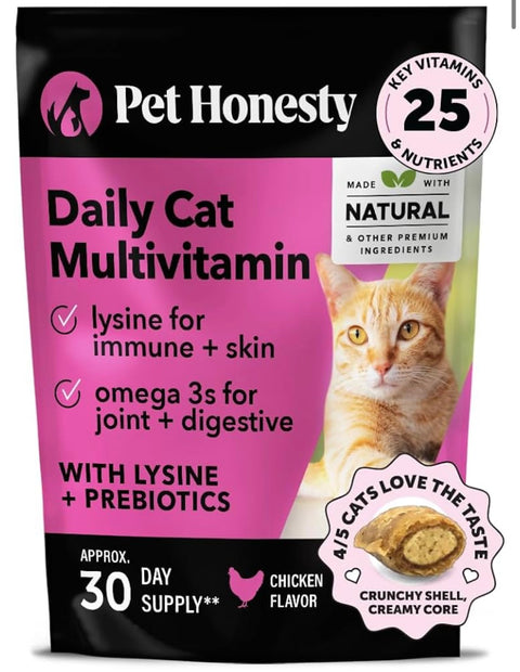 Pet Honesty Cat Multivitamin Crunchy & Creamy Chews - Cat Treats for Health + Immune, Joint Support, Skin & Coat, & Digestion - Vitamins with Omega 3s, Lysine & Probiotics (30 Day Supply)