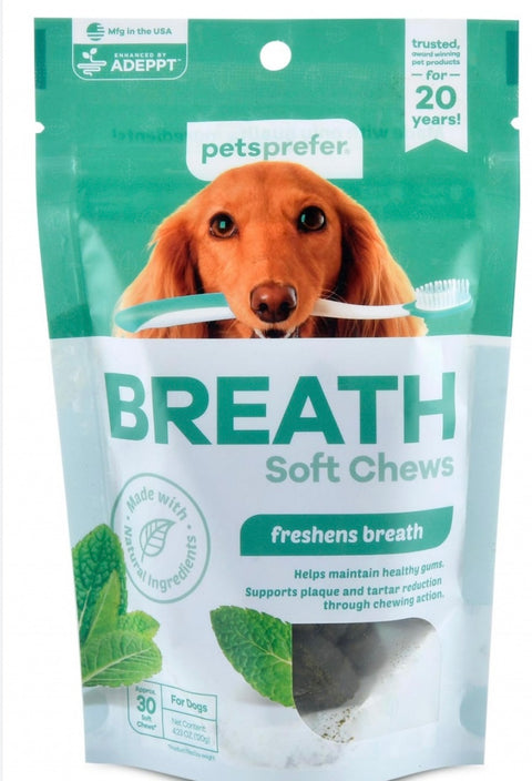 PetsPrefer® Breath Soft Chews Helps maintain healthy gums.
Supports plaque and tartar reduction through chewing action.
Recommended to support fresh breath and healthy teeth and gums.
Soft chews available in a 30 count re-sealable bag.